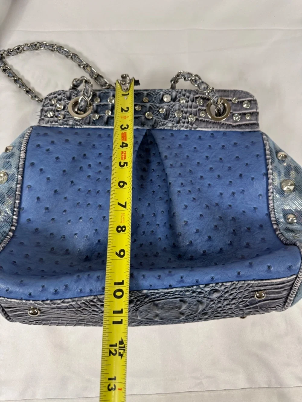 Blue Faux Ostrich Studded Chain Shoulder Bag Y2K Western Glam